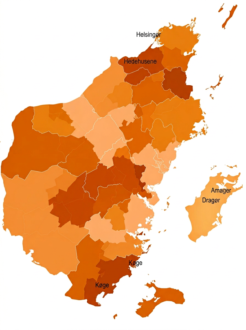 Kort over Sjælland med kommuner dækket af Hovedstadens Flyt